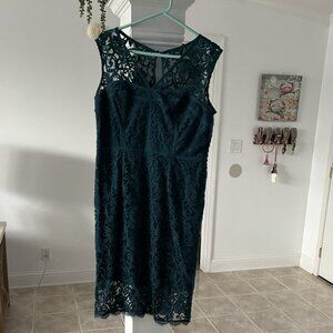 Adrianna Papell dress, built in slip Size 14, dark green lace, fringe bottom